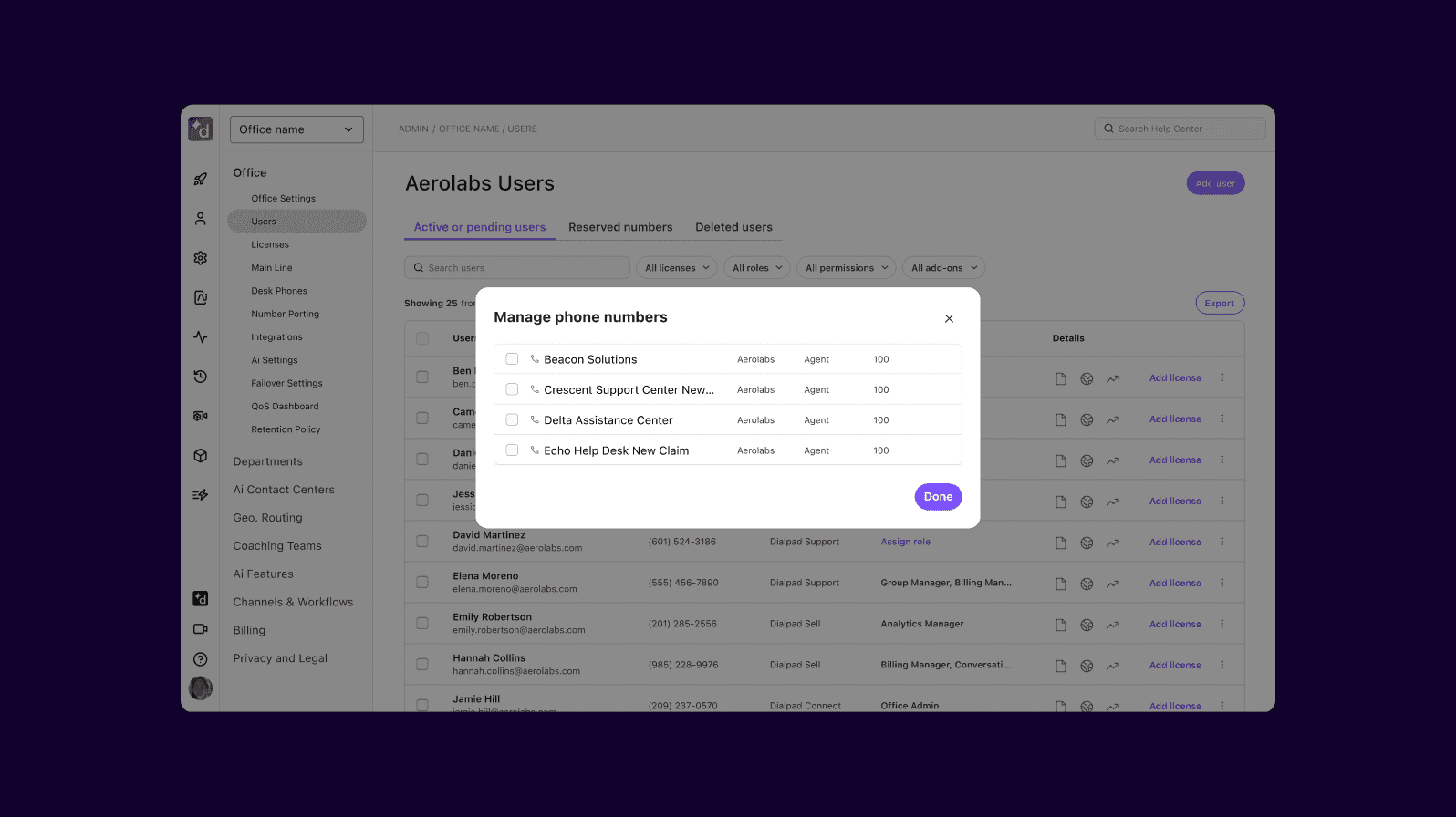 Screenshot of adding and managing phone numbers from Dialpad's online dashboard